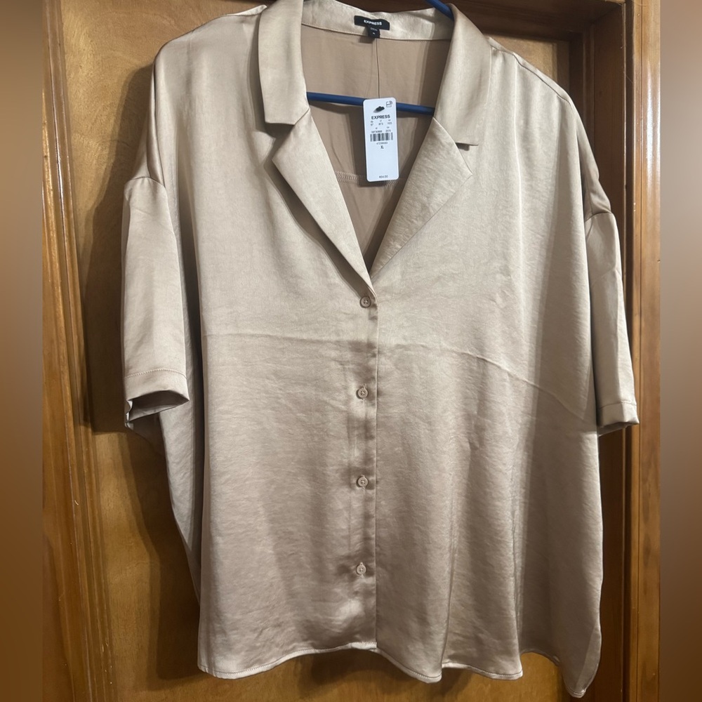 Express Satin Camp-Collar Shirt in Light Beige